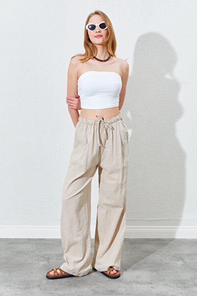 TENA Γυναικείο λινό παντελόνι Palazzo με ελαστική πέτρα μέση