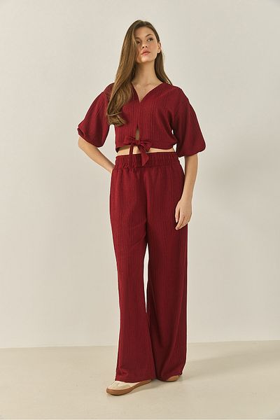 Bianco Lucci Bluză cu decolteu în V pentru femei, cu pantaloni largi, set de top și fund texturat de vară 9325 60281044