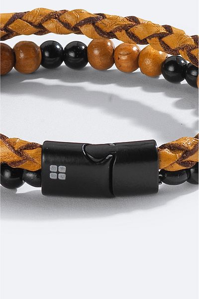 Avva Men's Light Brown Leather and Stone Bracelet A51Y9616