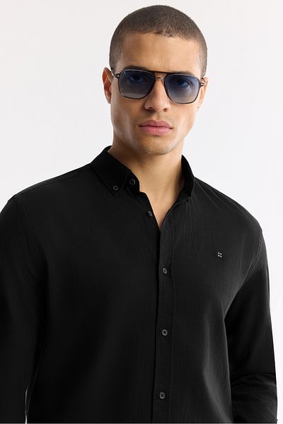 Avva Men's Black Regular Fit 100% Cotton Slim Soft Tuat Button Collar Long Sleeve Standard Fit Shirt a