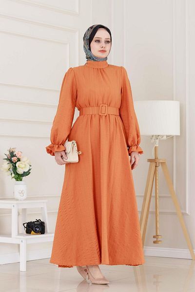 Sevitli Henna Dress with Flounces and Belted Sleeves-Orange