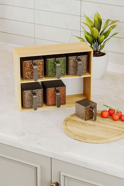 İronika İronika Set of 6 Spice Jars with Bamboo Stand, Spoon and Lid, Spice Storage Box