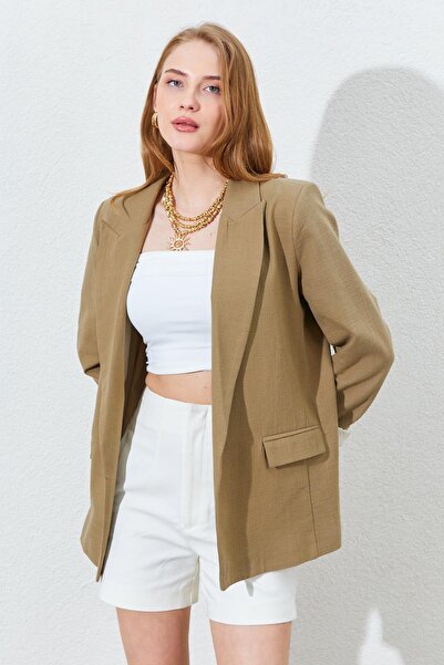 TENA Γυναικείο Χακί Παλτό Λινό Μπλέιζερ με Πτυσσόμενο Μανίκι