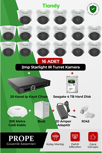 Tiandy 16 ADET 2MP STARLIGHT IR TURRET KAMERA+20 KANAL IP KAYIT CİHAZI+4TB HARDDISK+CAT6 KABLO+BUAT+RJ45