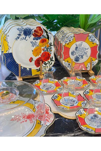Onedekor 28 Piece Osevio Gold Gilded Cake Tea Service Catering Set for 6 People