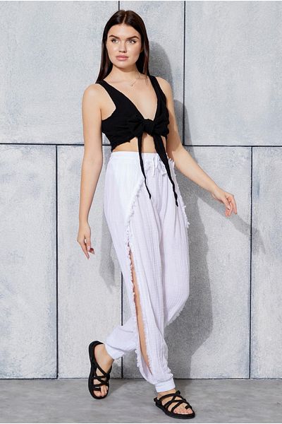 TEXTURA Linen Trousers with Side Slits, Modern and Light Cut with Elastic Legs