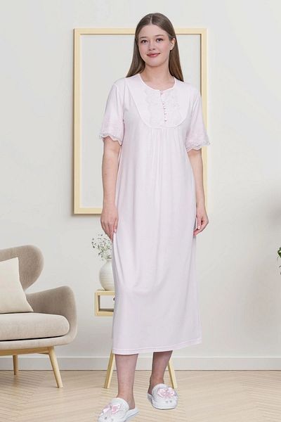 LOHOUSE Women's Pink Large Size (Oversize) Short Sleeve Cotton Buttoned Mother's Nightgown