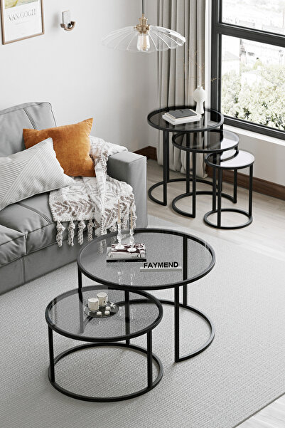 FAYMEND PLATOON 2li Orta Sehpa & Zigon Sehpa Seti Füme Cam ( takım 3+2 )