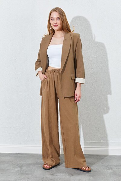 TENA Γυναικείο Μπουφάν Μπλέιζερ Λινό Πτυσσόμενο Μανίκι Καφέ