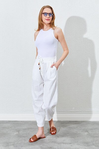 TENA Women's Ecru Elastic Waist Carrot Cut Linen Trousers