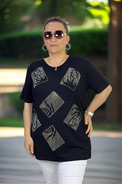 yagmurberen Pul Sequin Stone Embroidered Lycra Large Size Crew Neck Bluz