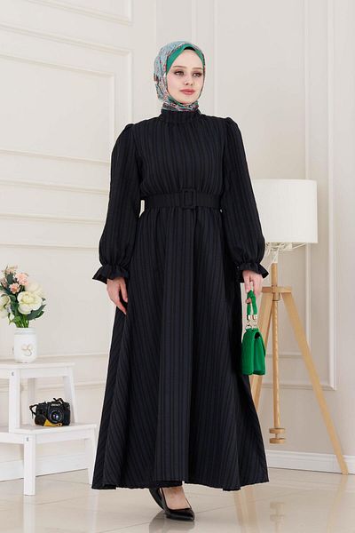 Sevitli Henna Dress with Flounces and Belted Sleeves-Black