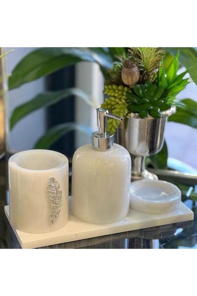 Onedekor Marblas 4'lü Banyo Seti Gümüş Gerçek Mermer