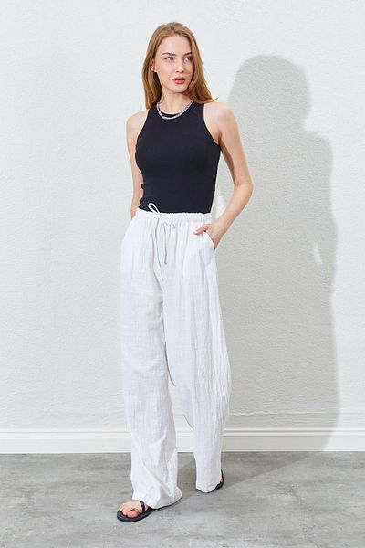 TENA Women's Ecru Elastic Waist Palazzo Linen Trousers