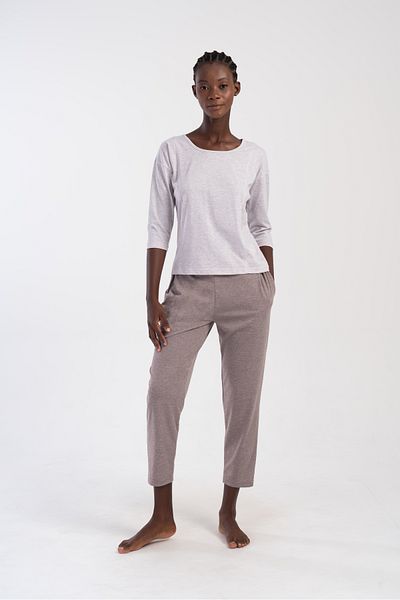 LOUP DORE Women's Combed Cotton Low Shoulder 3/4 Sleeve Pleated Pocket Pajama Suit