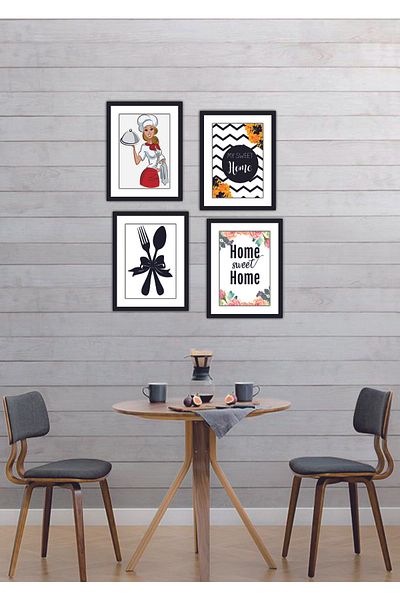 PİXWALLART 4 Piece Kitchen Home Decoration Frame Look Wooden Back Adhesive Mdf Table Multi Set