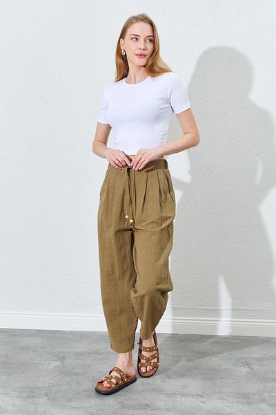 TENA Women's Khaki Elastic Waist Carrot Cut Linen Trousers