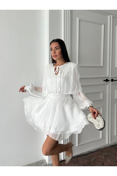 MAXMOOR Women's White Shiny Chiffon Mini Dress with Tie Detail