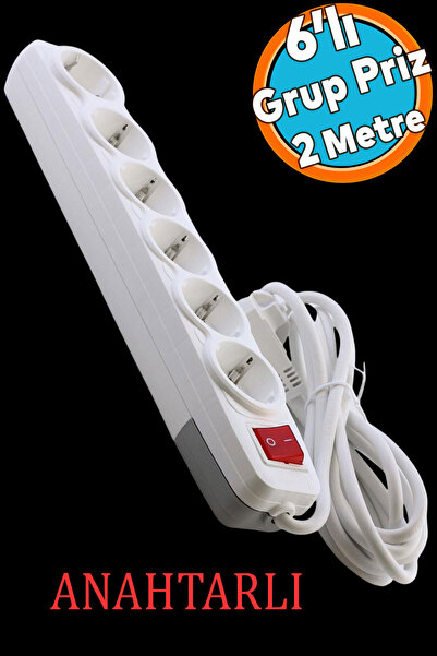 NZB 6'lı Grup Priz Anahtarlı Topraklı 2 Metre Seyyar Ara Kablolu Uzatma Kablo...