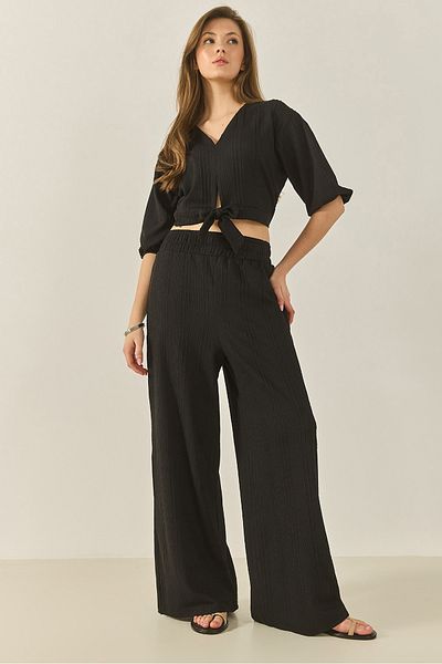 Bianco Lucci Women's V-Neck Tie Blouse with Loose Pants Textured Summer Bottom-Top Suit 9325 60281044