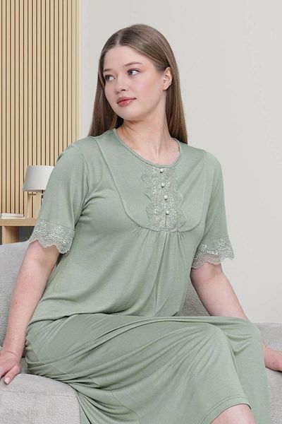 LOHOUSE Women's Green Plus Size (Oversize) Short Sleeve Cotton Buttoned Mother's Nightgown