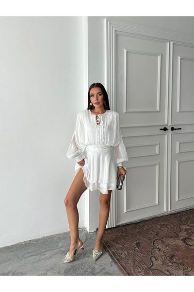 MAXMOOR Women's White Shiny Chiffon Mini Dress with Tie Detail