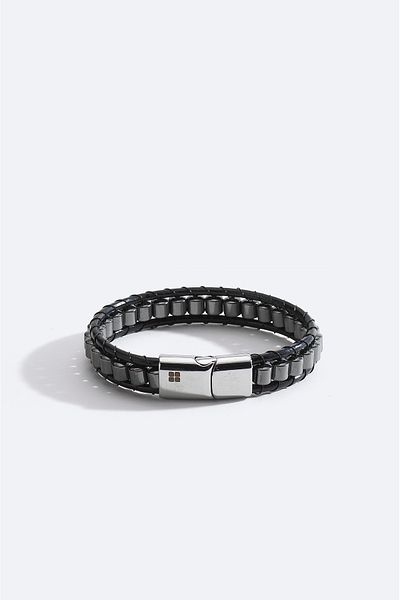 Avva Men's Black Leather and Stone Bracelet A51Y9614