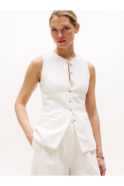 Tommy Hilfiger Women's Gold Button Closure Sleeveless Woven Fabric Off White Jacket Ww0Ww44752-Z00