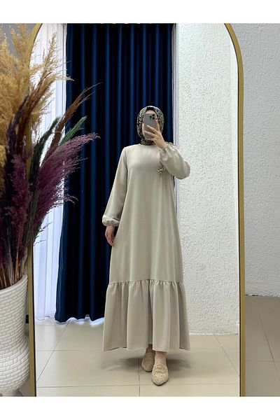 Ebrar Store Tuğçe Shoulder Ruffled Crepe Dress-Pa9214 Stone