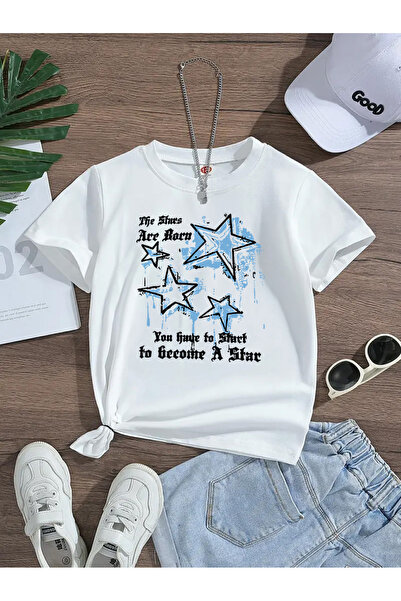 Eysaah Tricou premium pentru fete cu imprimeu Hhe Stars cu guler de bicicletă