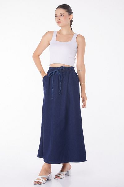 TOFİSA Fine Textured Denim Skirt Dark Blue - 25360