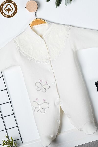 Miniel 3-6-9 Months Baby Girl Embroidered Guipure Detailed Organic Cotton Booties Jumpsuit