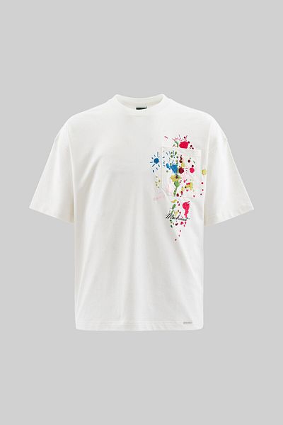 Machinist Men's Splater Look Colored Embroidered Oversize Ecru T-Shirt
