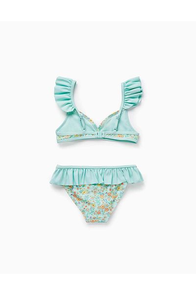 Ziddy UPF80 Floral Bikini for Girls, Aqua Green