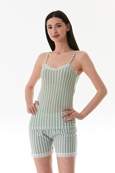 Fulla Moda Kalın Çizgili Dantelli Şortlu Pijama Takımı