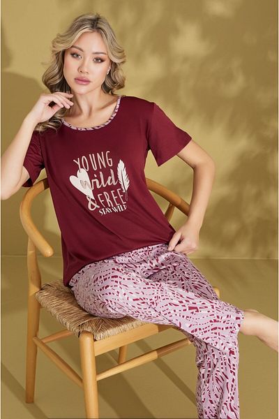 bie's Women's Patterned Crew Neck Buttonless Cotton Summer Short Sleeve Pajama Set
