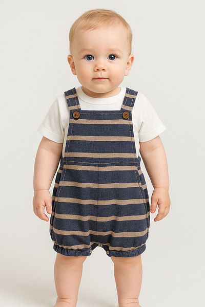 Bubito Striped Tshirt Detailed Snap Fastener Cotton Summer Baby Slopet Suit-Blue