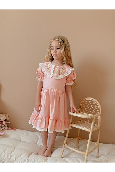 ARBİ kids Girl's Baby Doll Collar Flower Detail Inner Lining Stylish Festive Dress