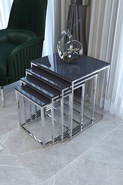 Puklife Duru 4'lü Kare Zigon Sehpa Seti Gümüş Ayak, Antrasit Parlak Yüzey Mdf