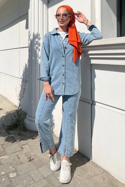 TOFİSA Blue Jewelled Plain Shirt Collar Double Set for Women - 25365