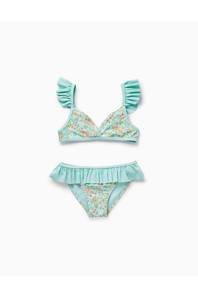 Ziddy UPF80 Floral Bikini for Girls, Aqua Green