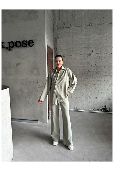 My Blog Khaki 100% Cotton Double Breasted Closure Single Button Kimono Trouser Suit - 8351