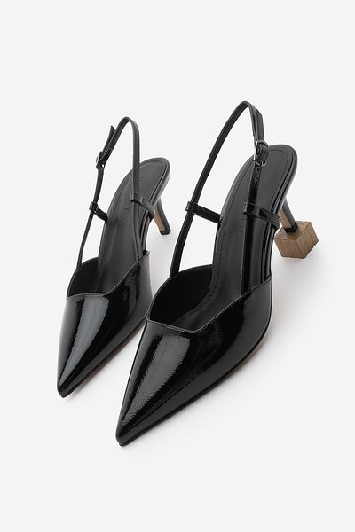 Marjin Women's Stiletto Pointed Toe Open Back Strap Heeled Shoes Verani Black Patent Leather