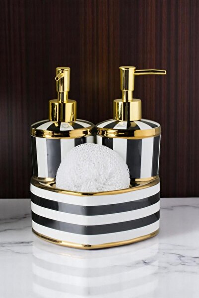 ALBETTO 2 Hazneli Porselen Mutfak Set Sıvı Sabunluk Çizgili 40075