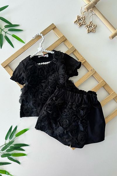 Minigimin Cicileri My Little One's Ciciler Tulle Flower Detailed Girl's Shorts and Skirt 2-Piece Combed Cotton Suit - Black