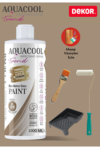 Aquacool Trend Aquacool 1000 ml Ahşap Dönüşüm Boyama Seti Kadife Rulo, Boyacı Tavası, Fırça Ral 1019 Dolap Boyası