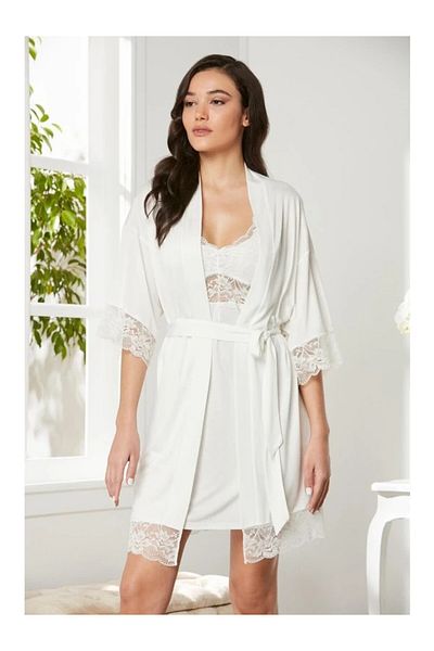 Pierre Cardin Lace Combed Cotton Nightgown Dressing Gown Set Ecru