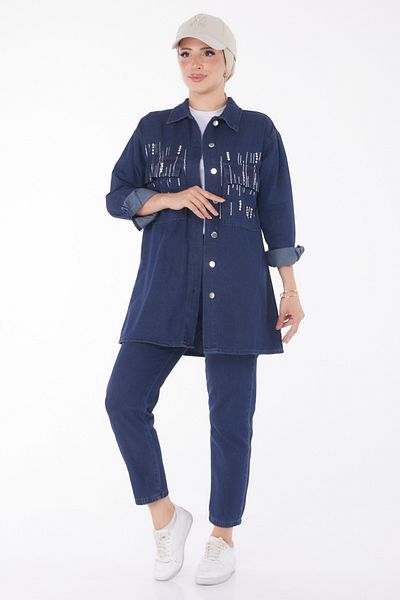 TOFİSA Blue Jewelled Plain Shirt Collar Double Set for Women - 25366