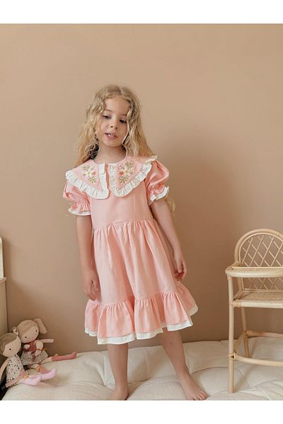 ARBİ kids Girl's Baby Doll Collar Flower Detail Inner Lining Stylish Festive Dress