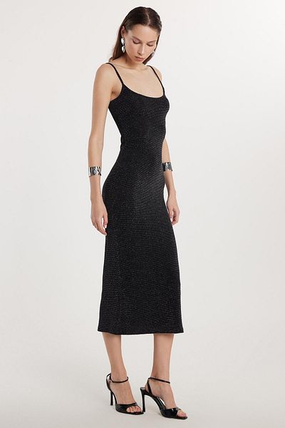 Tudors Rochie neagră pentru femei, slim fit, cu bretele subțiri, cu decolteu în U